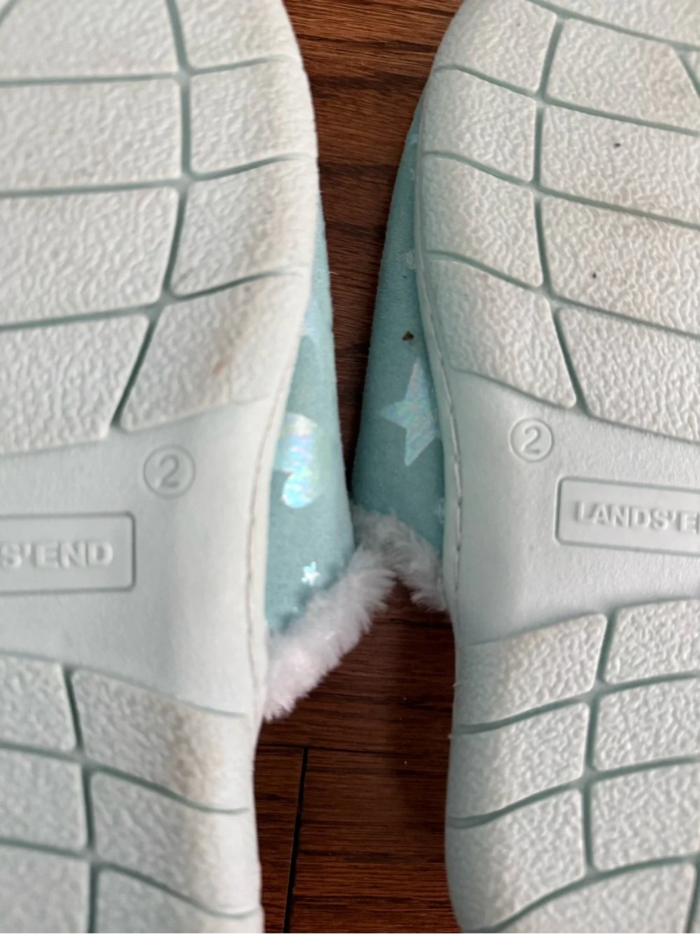 Lands' End Kids Slide Slippers with Faux Fur, Star & Heart Print Size 2